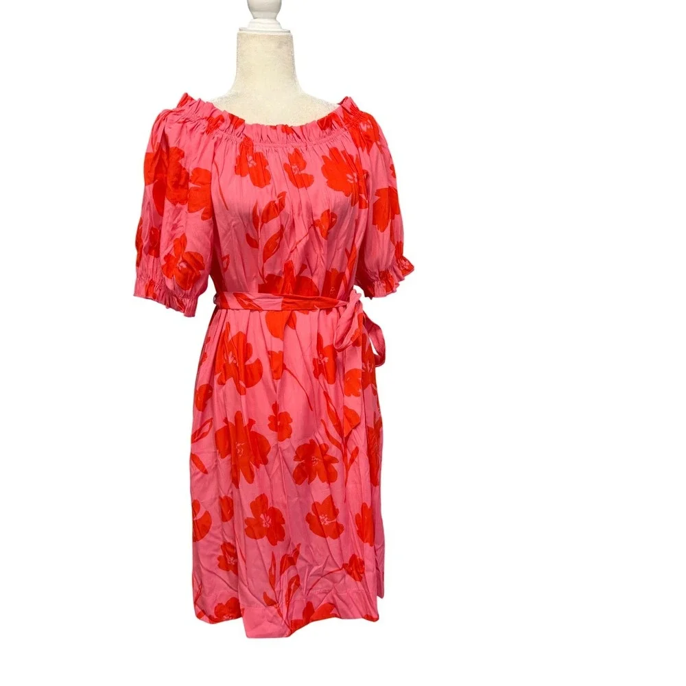 Mersea Womens Midi Dress Size L Floral Off‎ Shoulder Short Puff Sleeve Feminine